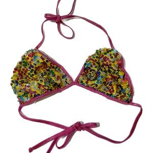Doll swimwear Y2K yellow pink bikini top confetti sequins triangle Birthday